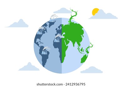 concepto de energía verde y contaminación del aire. Las centrales eléctricas alimentadas a carbón producen emisiones contaminantes de CO2 y son centrales eléctricas limpias y sostenibles con energía renovable. Concepto de cambio climático. vector plano