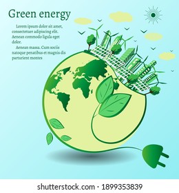The concept of green energy around the world with wind turbines, solar panels and the city. Renewable sources of solar and wind energy. Vector illustration in flat design style. Space for text