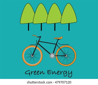 concept of green energy and bicycle on turquoise background