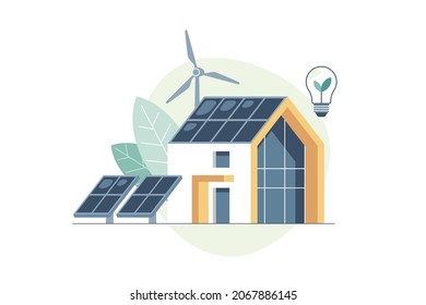 Concept of green energy an eco friendly modern house. Solar, wind power. Vector concept illustration.