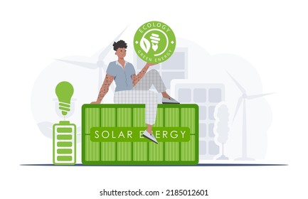 The concept of green energy and ecology. A man sits on a solar panel and holds the ECO logo in his hands. trendy style. Vector illustration.
