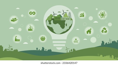 concept of green energy and electric energy Climate change is reduced in style vector icon. green environment infographic design template for web banner