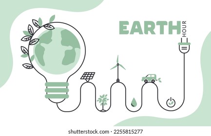 The concept of green energy, environmental management. Earth Hour. Save the planet. Earth, light bulb with plug, alternative energy use. Vector flat line illustration