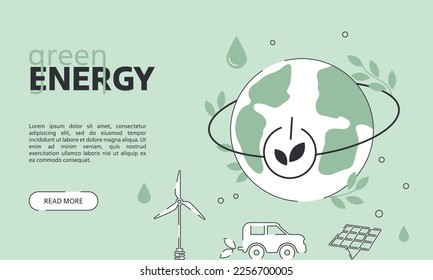 The concept of green energy, environmental management. Save the planet. Earth, the use of alternative energy in many ways. Vector flat linear illustration, web banner