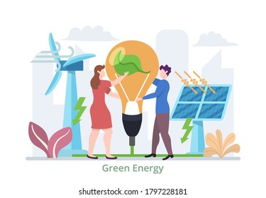Konzept der grünen Energie, Erzeugung und Einsparung von grüner Energie, flache Vektorgrafik
