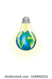 concept green energy, lighting electric lamp and earth on a white background square vector illustration