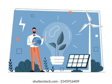 Concept of green energy. Man with planet in his hands preserves environment and generates electricity using solar panels and windmills. Solving environmental problems. Cartoon flat vector illustration