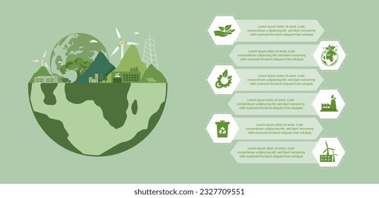 Konzept der grünen Energie Eindämmung des Klimawandels in flacher Vektorgrafik. Infografik-Design-Vorlage für Webbanner mit grüner Umgebung