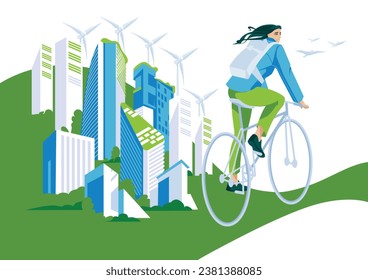 Concepto de energía verde y medio ambiente seguro, mujer en bicicleta sobre el paisaje verde de la ciudad de fondo. Ilustración plana del vector