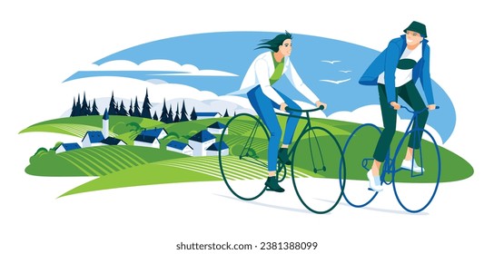 Concepto de energía verde y medio ambiente seguro, ciclistas, hombre y mujer sobre el fondo verde de la aldea. Ilustración plana del vector