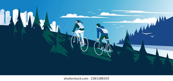 Concepto de energía verde y medio ambiente seguro, mujer y hombre en bicicleta sobre fondo de bosque verde. Ilustración plana del vector