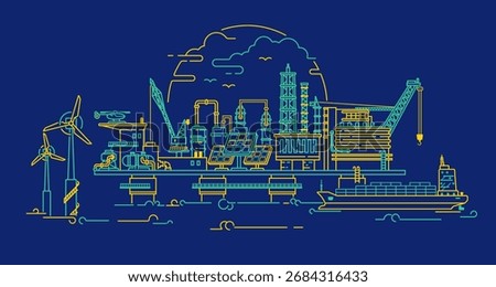 concept of green engineering or green industry, graphic of oil rig with eco system element