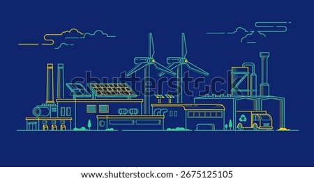 concept of green factory, lined graphic of industry buildings  and ecological machinery