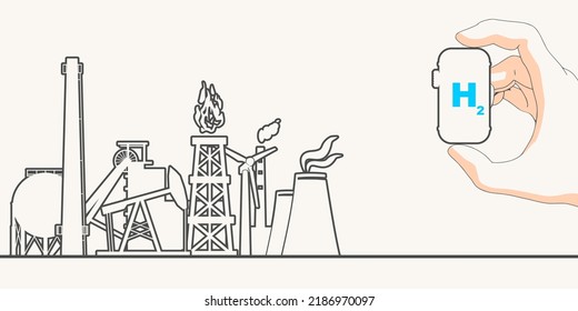 Concept of green hydrogen energy. Hand holding tank with hydrogen. Energy generation and heavy industry. Thin lines style