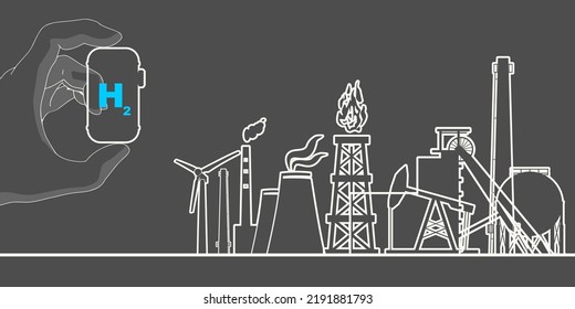 Concept of green hydrogen energy. Hand holding tank with hydrogen. Energy generation and heavy industry. Thin lines style