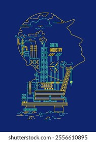 concept of green industry or oil rig engineering, outline graphic of engineer with oil refinery station and sustainable energy resources technology inside