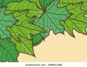 Concept green leaf web banner, spring sheet and tree blooming postcard, flat vector illustration, text place card symbol. Greeting springtime card.