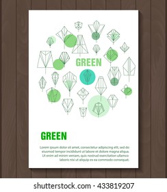 Concept of green. Linear geometric leaves of trees and plants that make up the circle. Set of leaves . Vector object. GREEN flyer in a linear style on a wood background. Clean and minimalist lines
