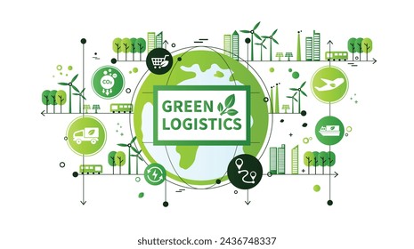 The concept of green logistics and supply chain with icons. Sustainable development, economy and clean, greenhouse-free transport in the form of electric, hybrid or hydrogen propulsion vector.