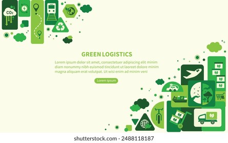 The concept of green logistics and supply chain with icons. Sustainable development, economy and clean, greenhouse-free transport in the form of electric, hybrid or hydrogen propulsion vector.