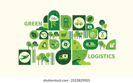 The concept of green logistics and supply chain with icons. Sustainable development, economy and clean, greenhouse-free transport in the form of electric, hybrid or hydrogen propulsion vector.