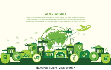 O conceito de logística verde e cadeia de suprimentos com ícones. Desenvolvimento sustentável, economia e transportes limpos e isentos de gases com efeito de estufa sob a forma de vetores de propulsão elétricos, híbridos ou a hidrogênio.