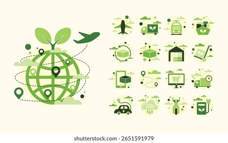 The concept of green logistics and supply chain with icons. Sustainable development, economy and clean, greenhouse-free transport in the form of electric, hybrid or hydrogen propulsion vector.