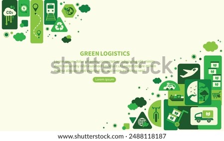 The concept of green logistics and supply chain with icons. Sustainable development, economy and clean, greenhouse-free transport in the form of electric, hybrid or hydrogen propulsion vector.