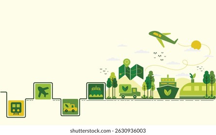 The concept of green logistics and sustainable distribution, supply chain with icons. Economy and clean, greenhouse-free transport in the form of electric, hybrid or hydrogen propulsion. vector design