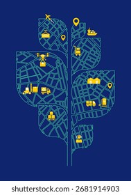 concept of green logistics or transportation technology, graphic of  leaf tree combined with  gps map and delivery shipping business element