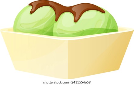 Concepto helado de menta verde en platillo con recubrimiento de chocolate, icono de sorbete sundae, ilustración vectorial de caricatura de comida de leche, aislado en blanco. Delicioso aperitivo frío, tentempié de leche dulce.