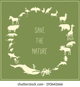 Concept green poster with animals silhouettes around with text inside. Vector illustration