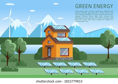 The concept of green renewable energy. Landscape with a modern eco-house, solar panels and wind turbines. Flat style vector illustration.