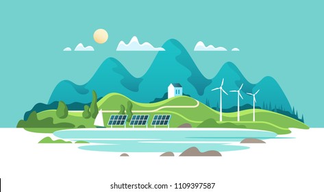 Concept of green renewable energy. Summer landscape with house on a background lake and of forest mountains. Vector illustration.