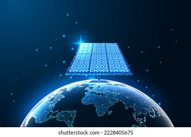 Concept of green sustainable energy with solar panel and world map in futuristic glowing low polygonal style on dark blue background. Modern abstract connection design vector illustration.