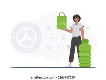 Concept of green world and ecology. The guy is holding an ECO BAG in his hands. Trend style.Vector illustration.