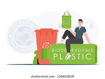 Concept of green world and ecology. A man sits on a bottle made of biodegradable plastic and holds an ECO BAG in his hands. Trend style.Vector illustration.