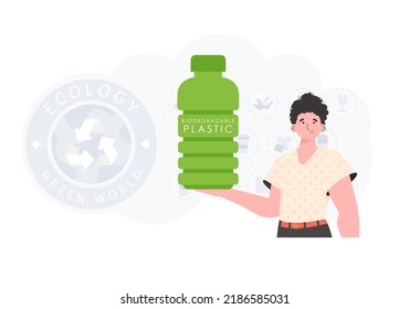 Concept of green world and ecology. A man holds a bottle made of biodegradable plastic in his hands. Fashion trend vector illustration.