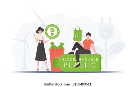 Concept of green world and ecology. People who care about the environment. Fashion trend vector illustration.