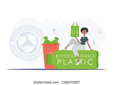 Concept of green world and ecology. A woman sits on a bottle made of biodegradable plastic and holds an ECO BAG in her hands. Fashion trend vector illustration.