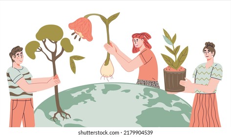 El concepto de ecologizar el planeta y salvar el medio ambiente, una ilustración plana vectorial sobre un fondo blanco. Ecología y conservación del medio ambiente.