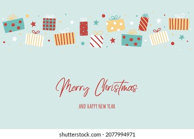 Concept of greeting card with Christmas gift boxes. Vector