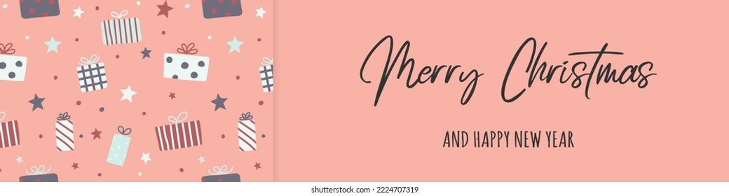 Concept of greeting card with Christmas gift boxes. Vector