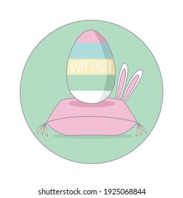 concept greeting card. creative painted egg on basket flat design icon. striped cute colorful graphic two ears vector cartoon. happy holiday isolated easter element. sweet rabbir or bunny illustration
