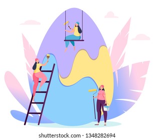 Concept of greeting card for Easter. People painting big egg. Vector illustration