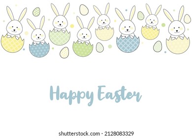 Concept of a greeting card with funny Easter bunnies and eggs. Vector 