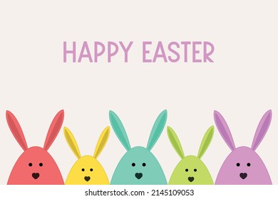 Concept of a greeting card with funny Easter bunnies. Vector 