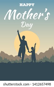 Concept of greeting card Happy Mother's Day. Silhouette of mother and son in nature against a mountain landscape and a sun. A boy is 5 years old. A woman and a child run and jump pointing hands up. 