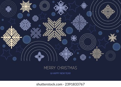 Concept of greeting card, poster or print with snow flakes and stars. Vector design template illustration. Festive New Year and Christmas theme. Invitation card.