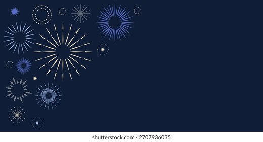 Concepto de tarjeta de felicitación, cartel o impresión con fuegos artificiales y estrellas. Ilustración de Plantilla de diseño de Vector. Año Nuevo festivo y tema de Navidades. 
